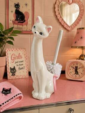 New Vintage Style Ceramic Retro Girl White Cat Toilet Bowl Brush Holder Set